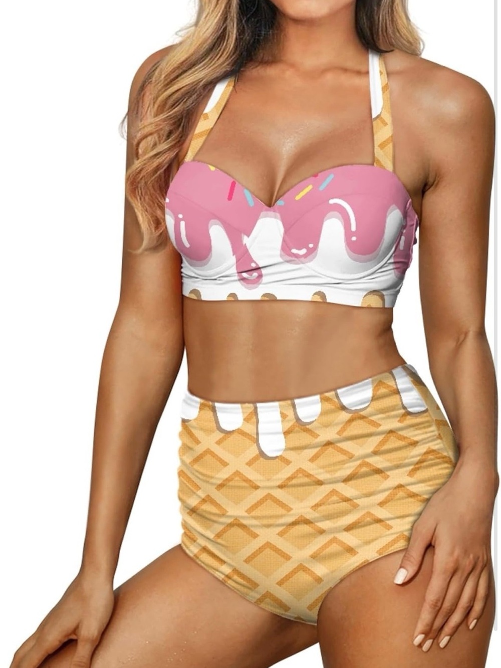 Women's Retro Ruched Ruffle Ice Cream Print High-Waist Bikini Set - Picture 2 of 7